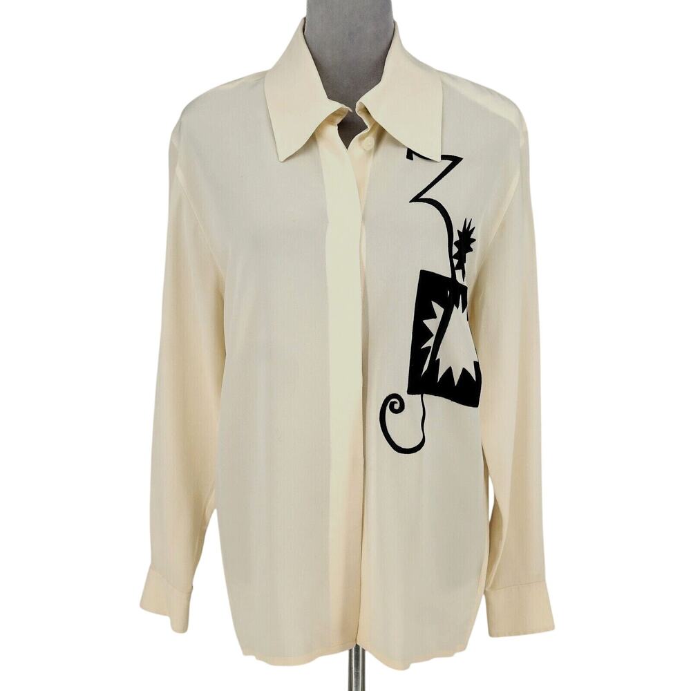 Laurel Escada Top Womens 6 Ivory Silk Blouse Embroidered Shoulder Pads Vintage